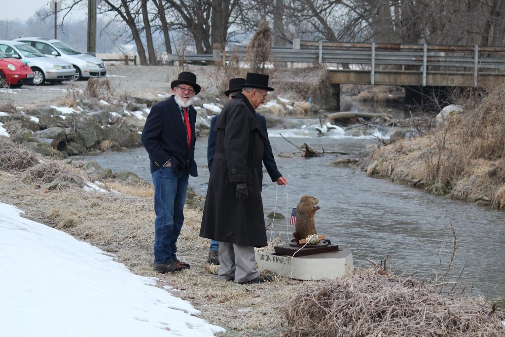 Groundhog Uni gets ready for his trip down the creek