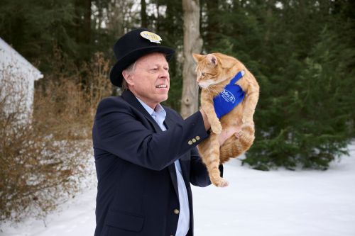 Concord Casimir makes his annual forecast at Ellison Creek Knob in Concord February 2, 2025 with Master of Ceremonies John Niedzialek