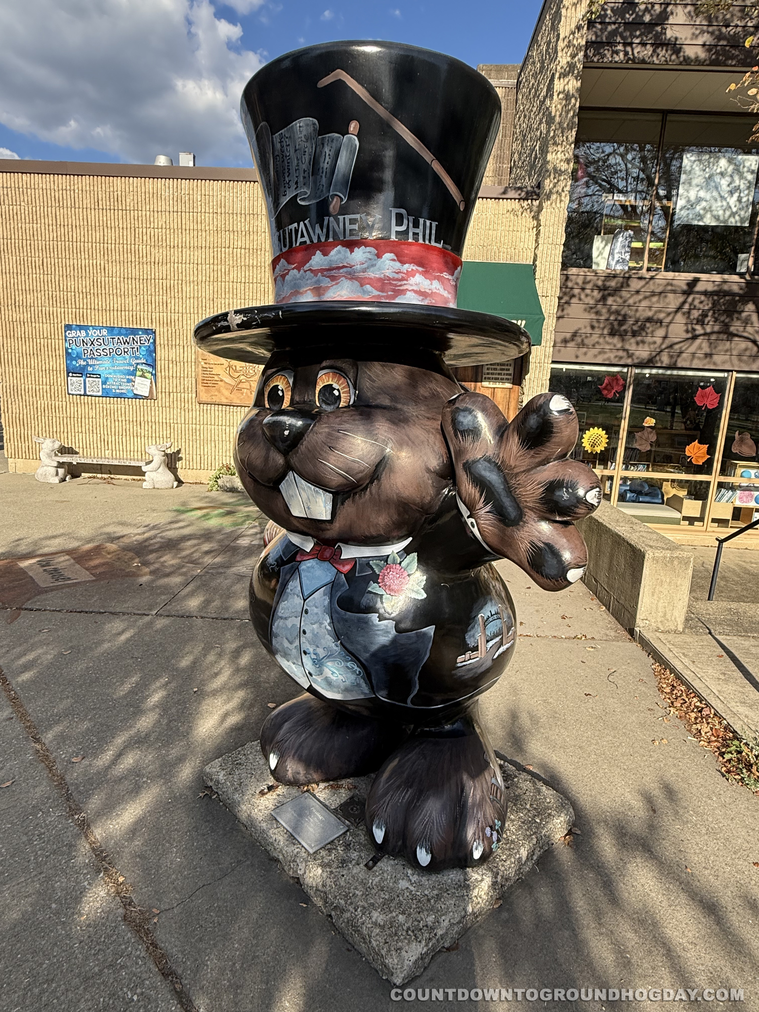 'Phillage' Phantastic Phil outside the Punxsutawney Memorial Library