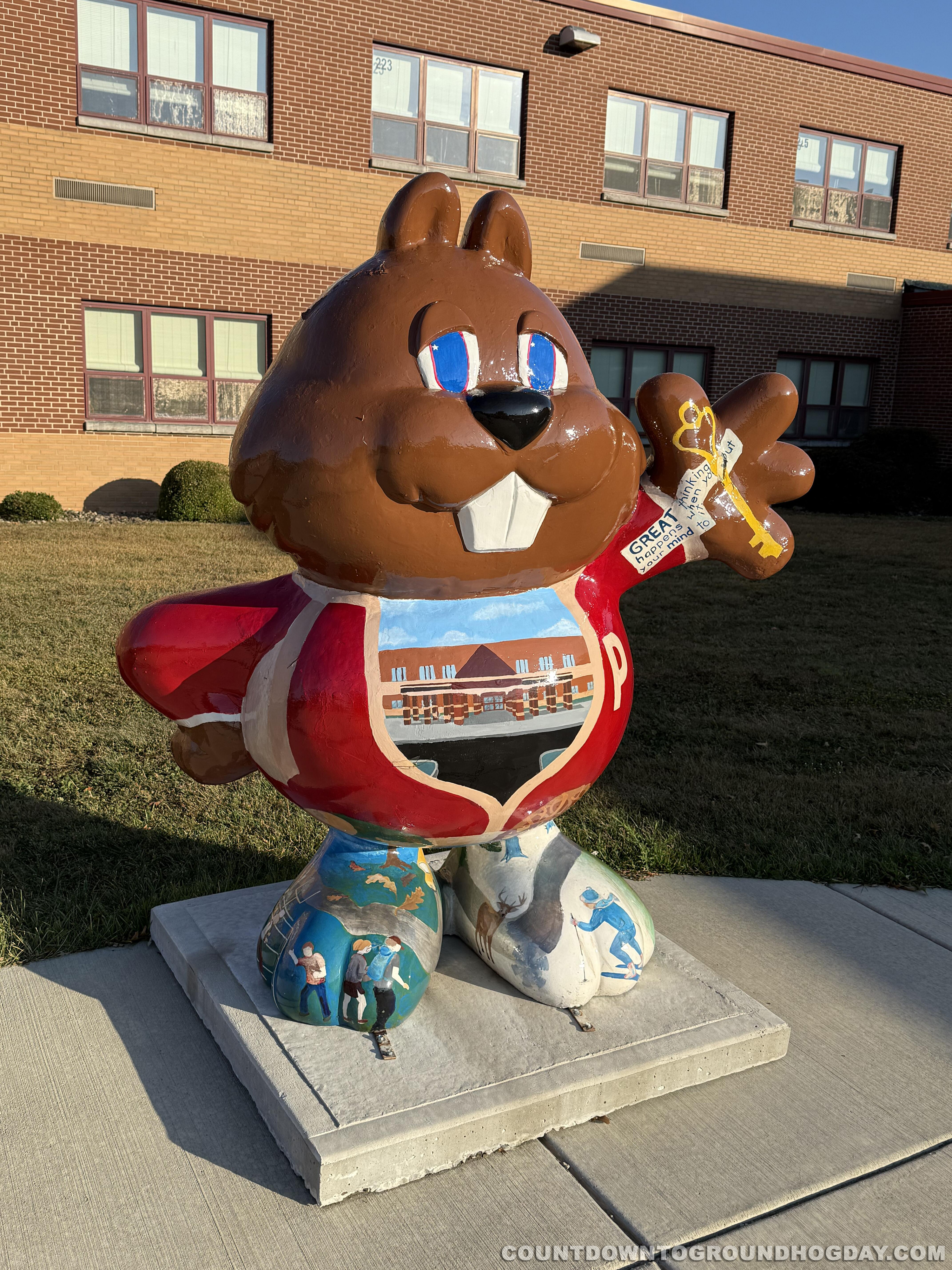 'Oh The Places Phil Will Go' Phantastic Phil outside Punxsutawney Area High School